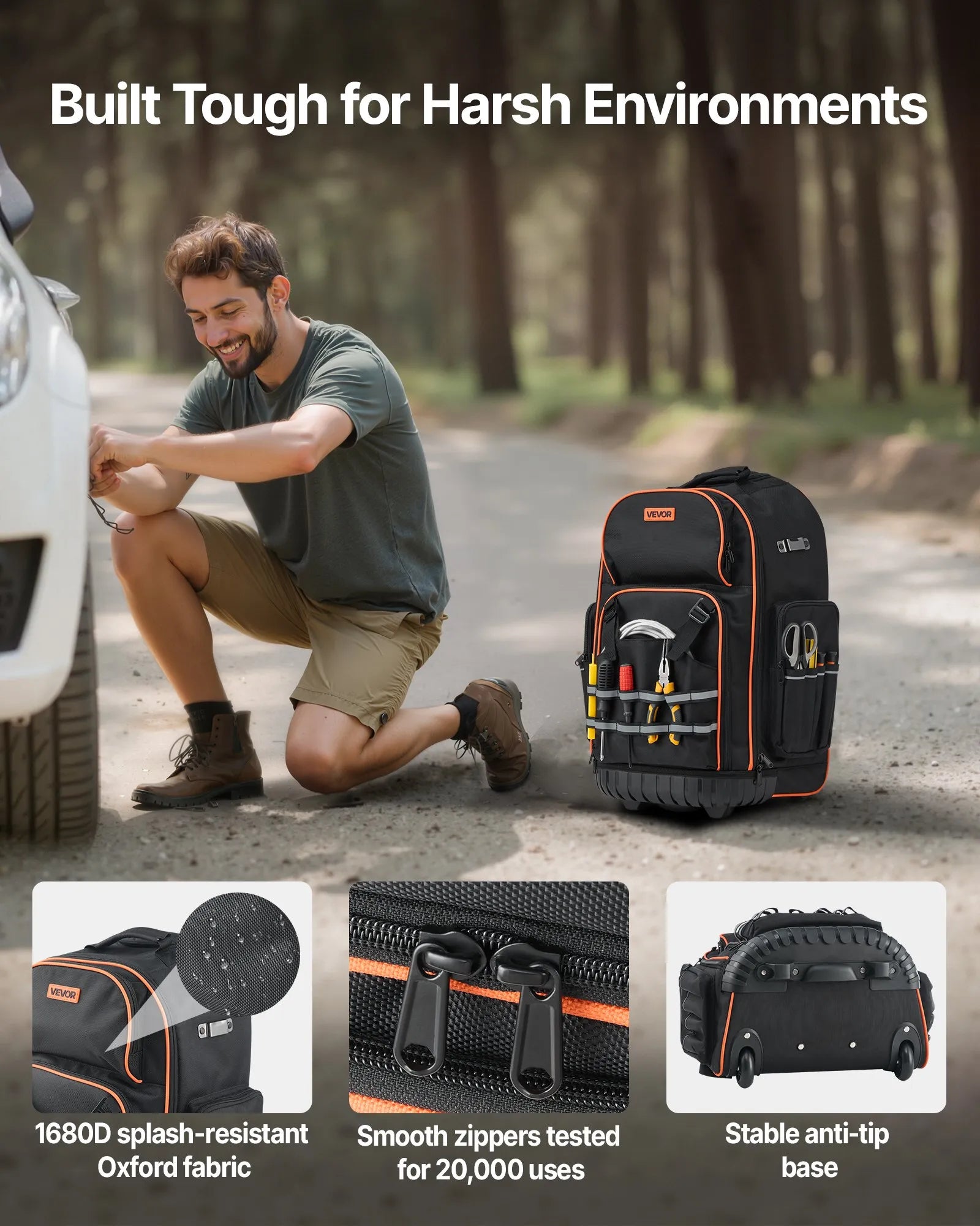 VEVOR Rolling Tool Backpack 72 Pockets Heavy Duty Roller Tool Bag on Wheels