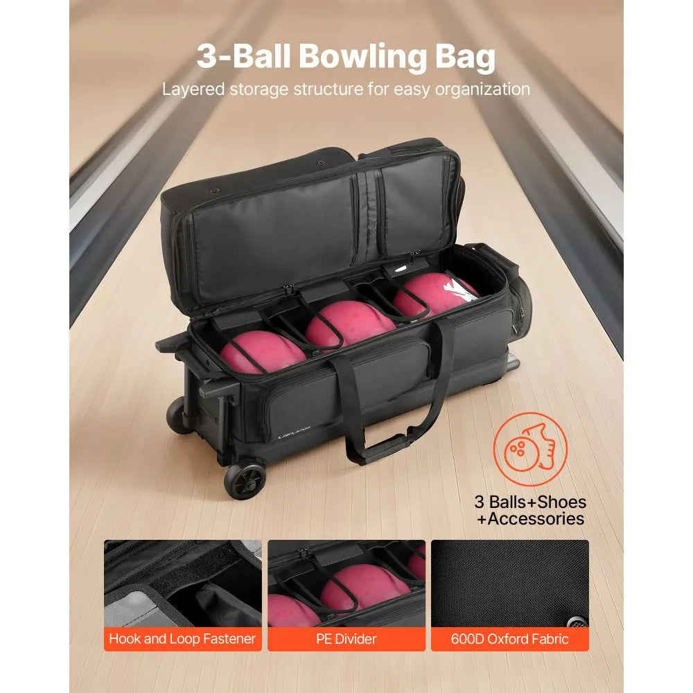 3-Ball Double Roller Bowling Bag with Wheels, Separate Shoe Compartment & Accessory Pocket