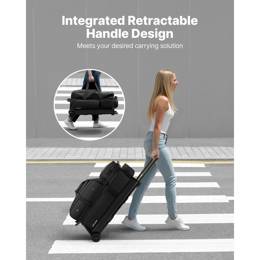 3-Ball Double Roller Bowling Bag with Wheels, Separate Shoe Compartment & Accessory Pocket