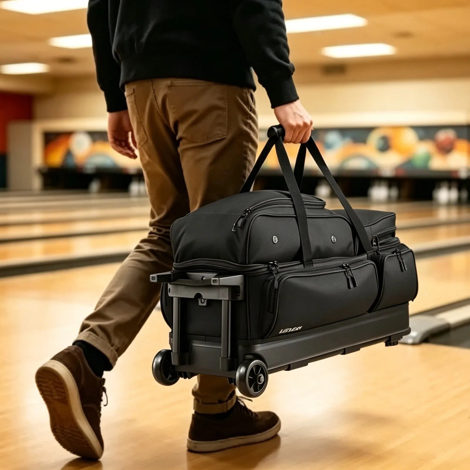 3-Ball Double Roller Bowling Bag with Wheels, Separate Shoe Compartment & Accessory Pocket