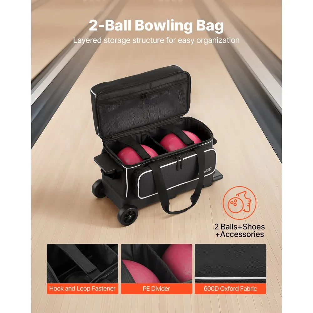 2-Ball Rolling Bowling Bag with Wheels, Shoe Compartment & Retractable Handle