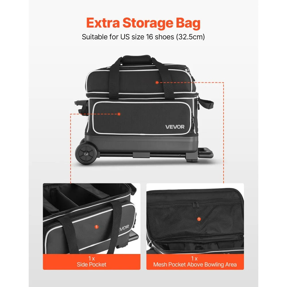 2-Ball Rolling Bowling Bag with Wheels, Shoe Compartment & Retractable Handle