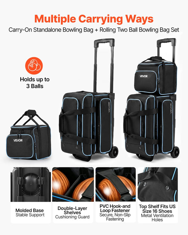 3-Ball Bowling Bag with Double Roller Wheels, Detachable Bags, Shoe Compartment & Retractable Handle