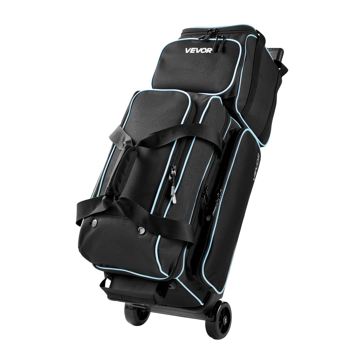 3-Ball Bowling Bag with Double Roller Wheels, Detachable Bags, Shoe Compartment & Retractable Handle