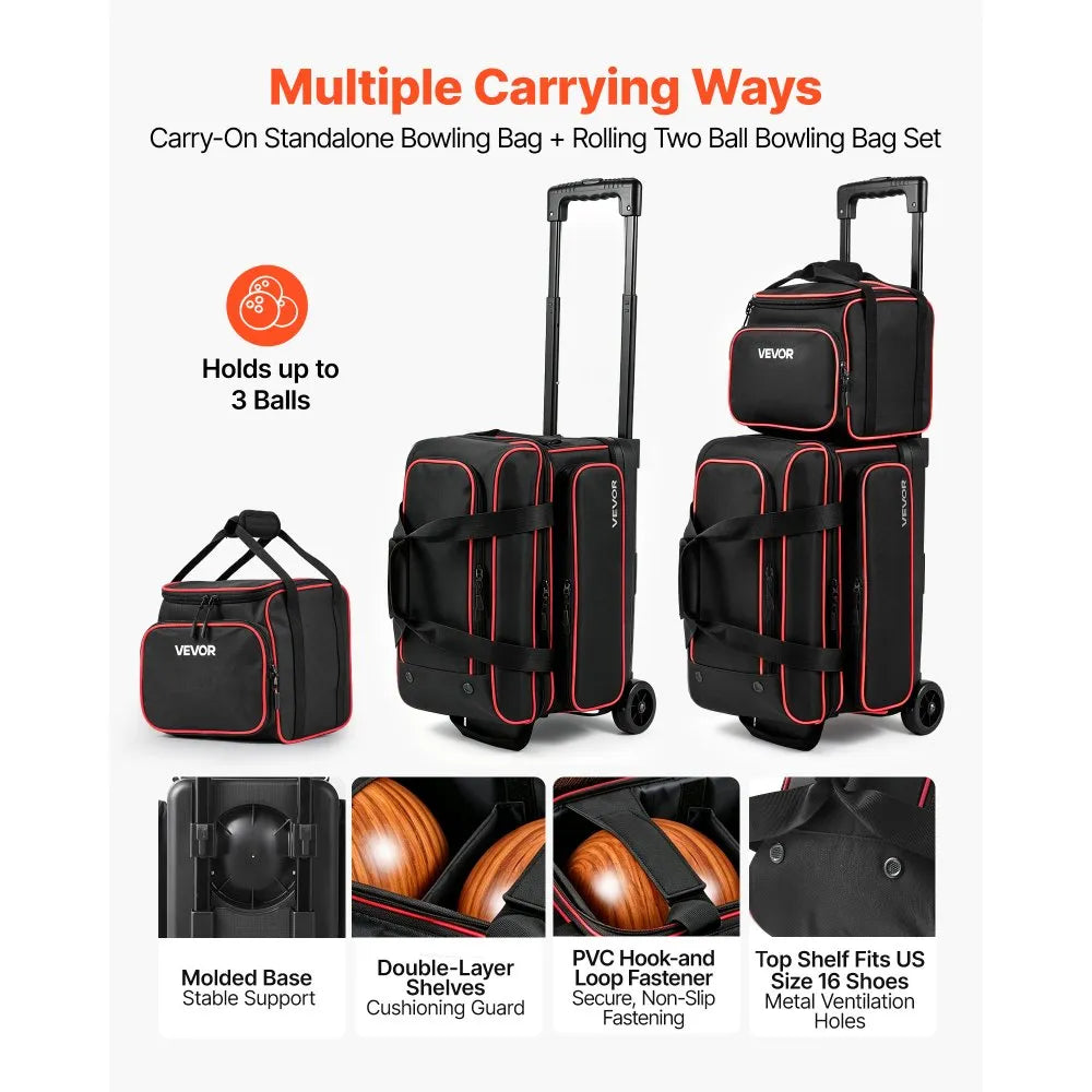 3-Ball Bowling Bag Double Roller with Separate Shoe Compartment, Fits Men’s Shoes Up to Size 16