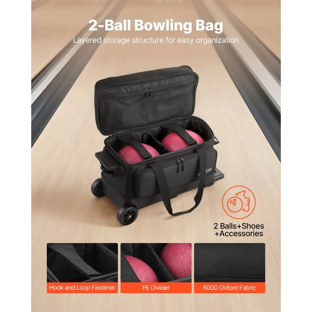 2-Ball Double Roller Bowling Bag with Wheels, Separate Shoe Compartment & Accessory Pocket
