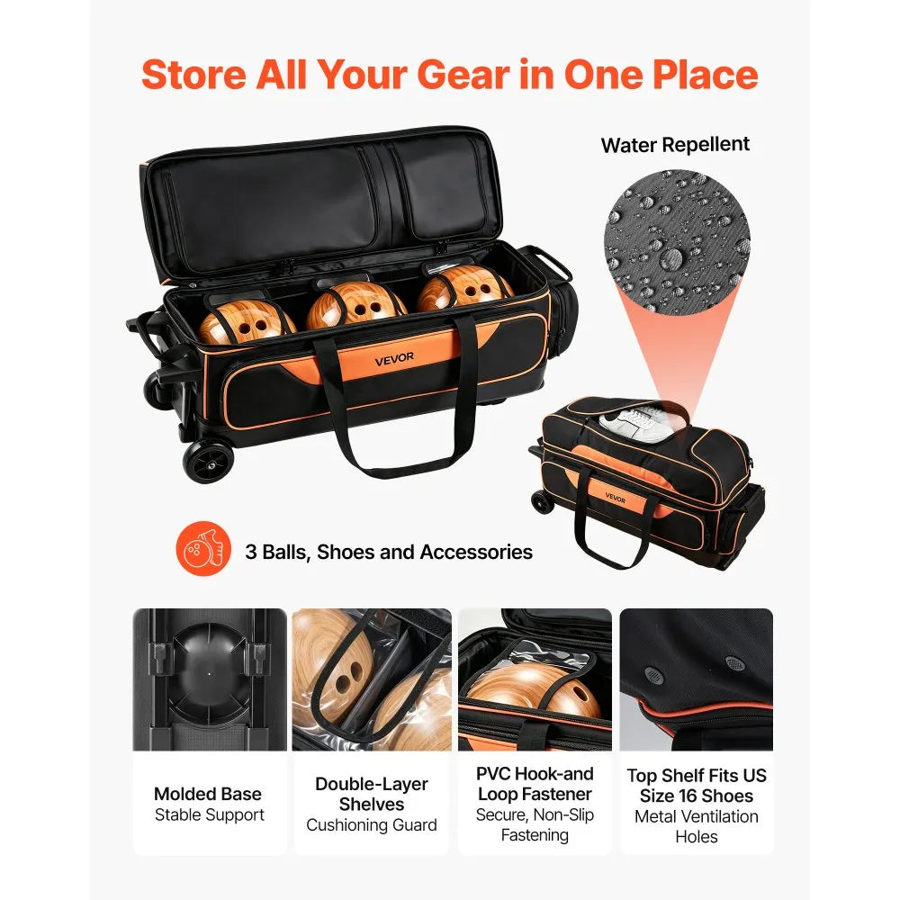 3-Ball Bowling Bag Double Roller with Shoe Compartment – Fits Shoes Up to US Size 16