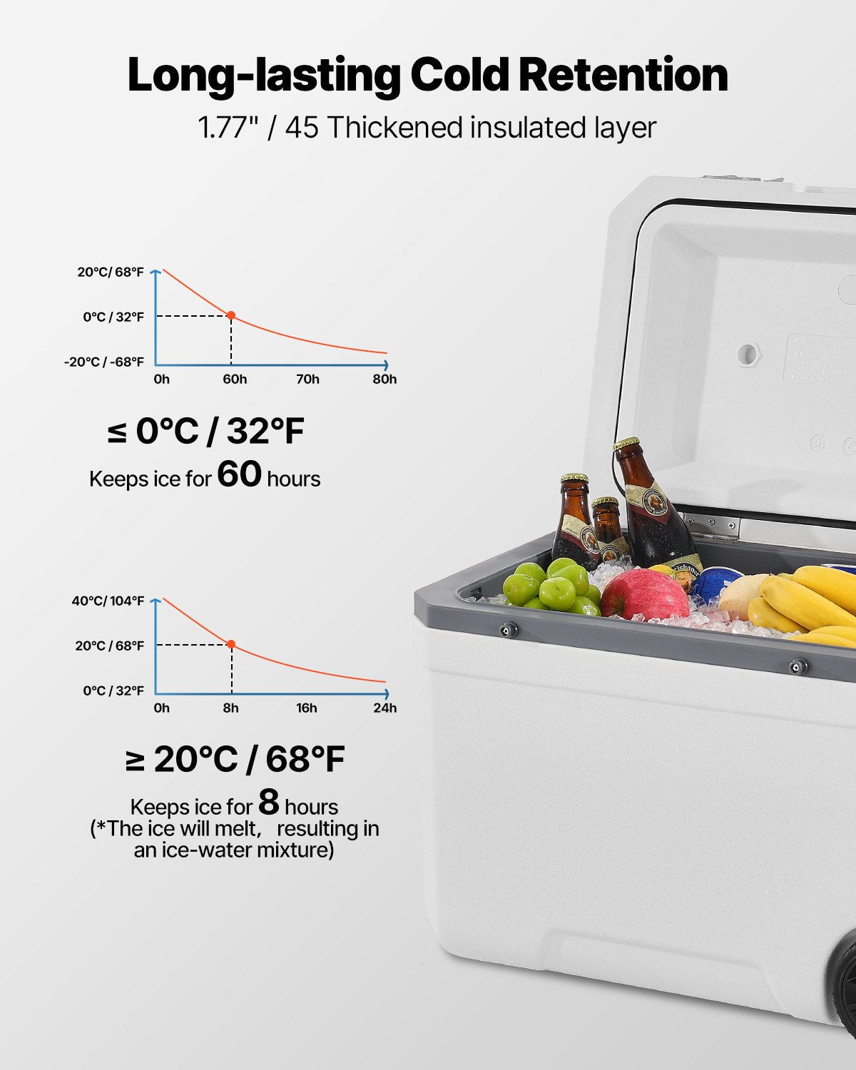 VEVOR Portable Cooler 45 QT Wheeled Cooler 64 Can Capacity with Cup Holder 