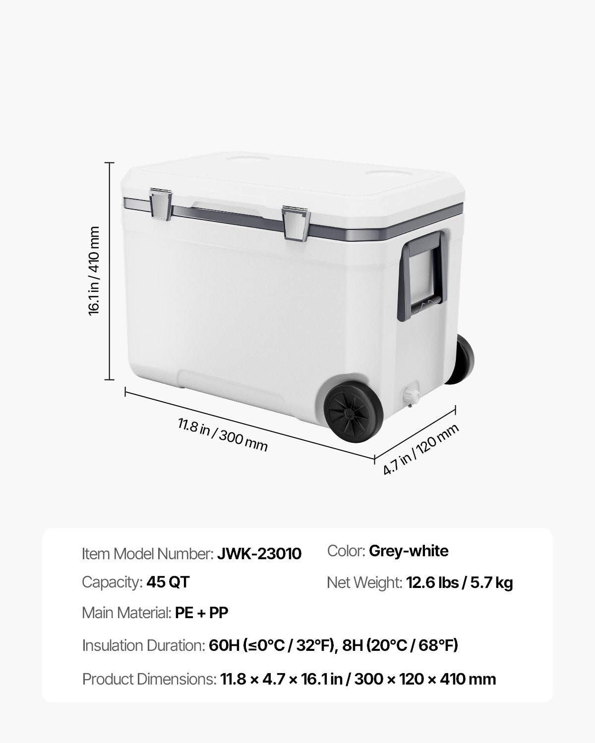 VEVOR Portable Cooler 45 QT Wheeled Cooler 64 Can Capacity with Cup Holder 
