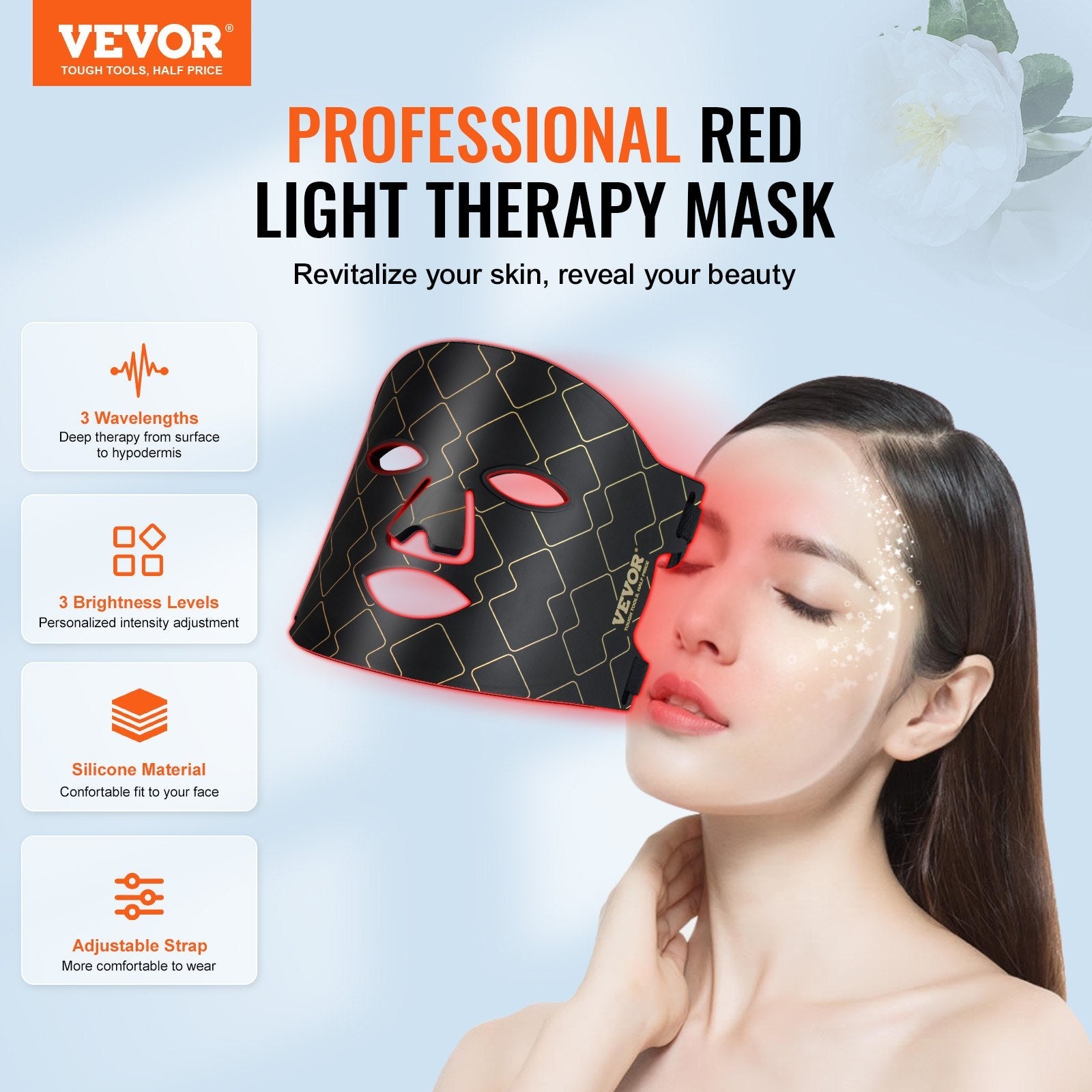 VEVOR Red Light Therapy for Face LED Face Mask Light Therapy with 3 Wavelengths 