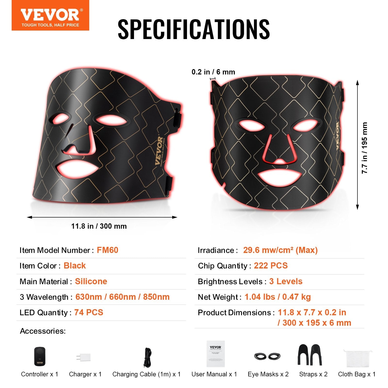 VEVOR Red Light Therapy for Face LED Face Mask Light Therapy with 3 Wavelengths 