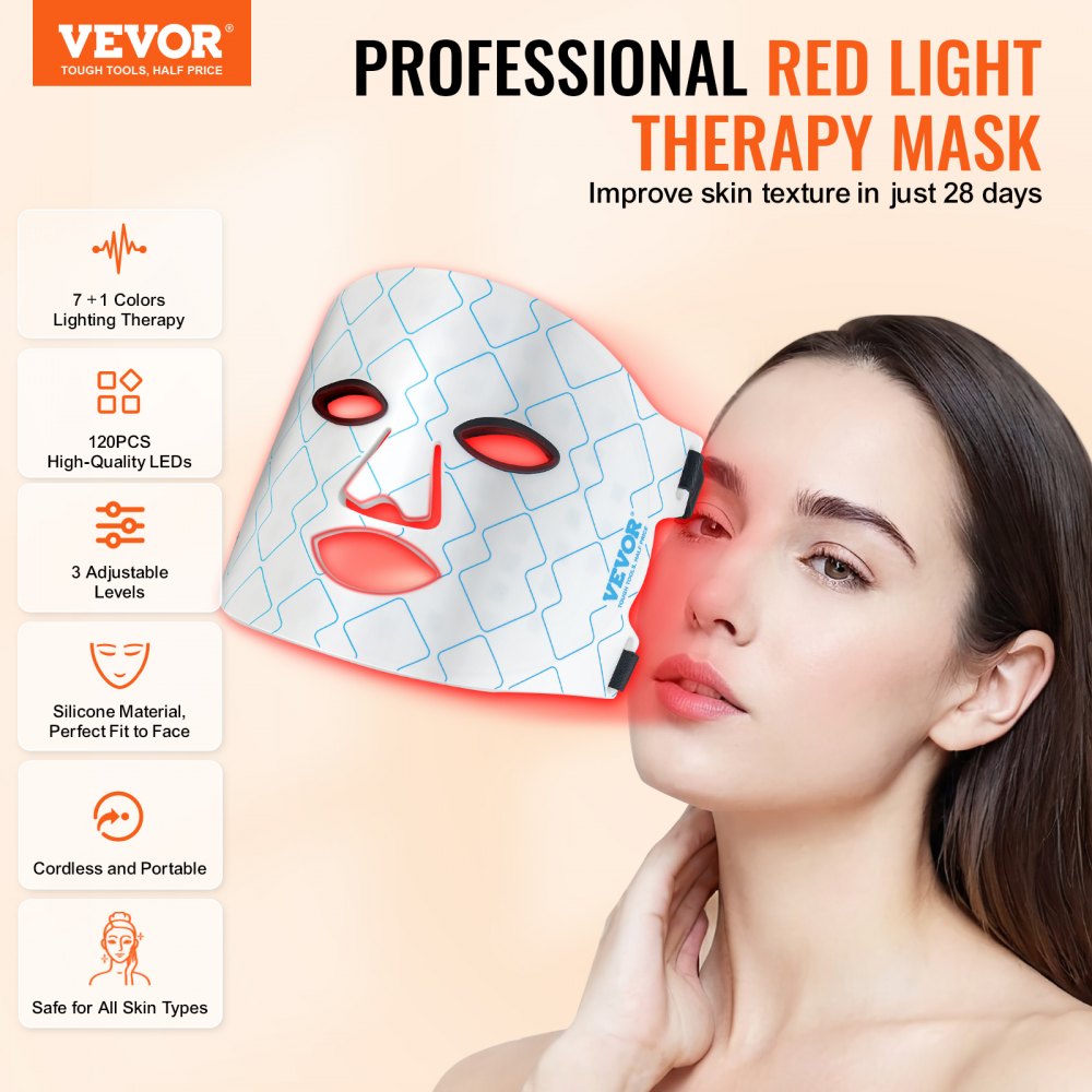 VEVOR Red Light Therapy Mask 7-Color LED Face Mask Light Therapy with 850nm NIR 