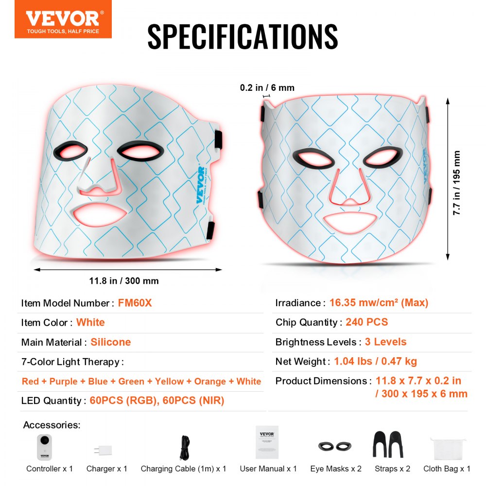 VEVOR Red Light Therapy Mask 7-Color LED Face Mask Light Therapy with 850nm NIR 