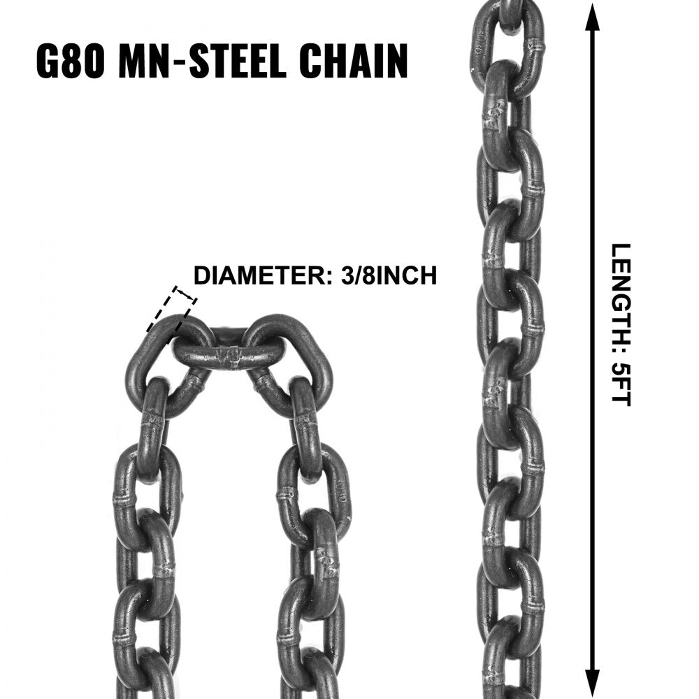Lifting Chain Sling - 2/5" x 5' Double Leg with Steel Hook - Grade 80 