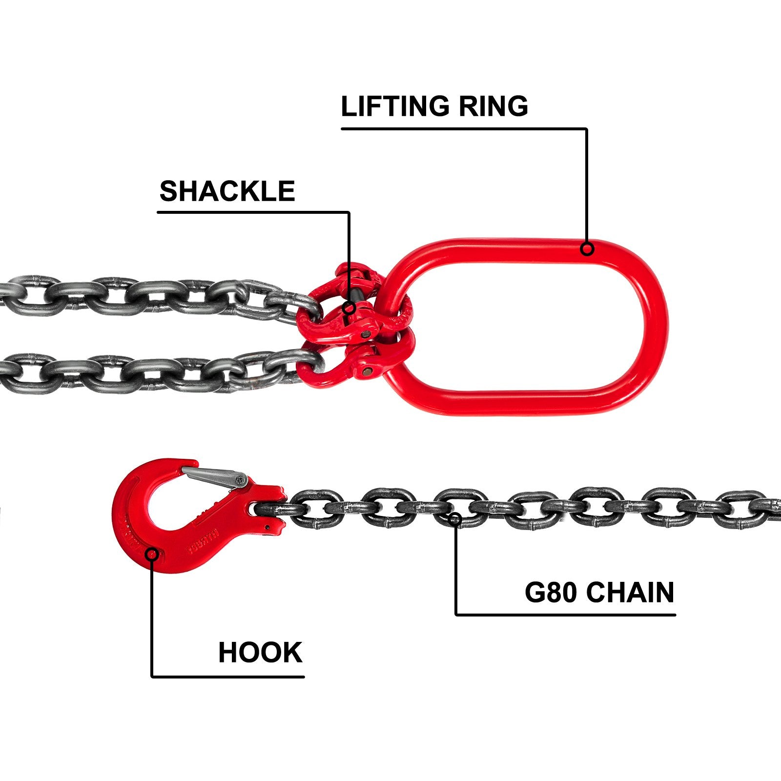 VEVOR Chain Sling 6FT 5/16 x 6 Double Leg with Grab Hooks Sling Chain 3T/6600lbs Capacity Double Leg Chain Sling G80 Mn-Steel, Red 
