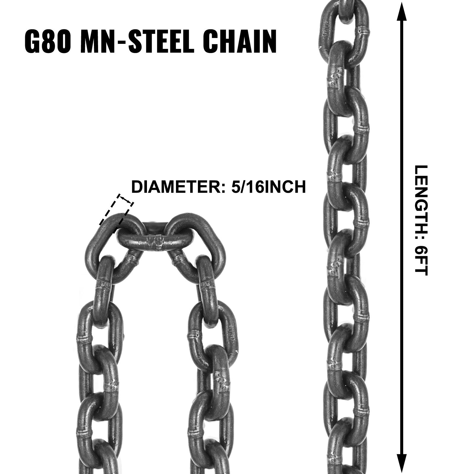 VEVOR Chain Sling 6FT 5/16 x 6 Double Leg with Grab Hooks Sling Chain 3T/6600lbs Capacity Double Leg Chain Sling G80 Mn-Steel, Red 