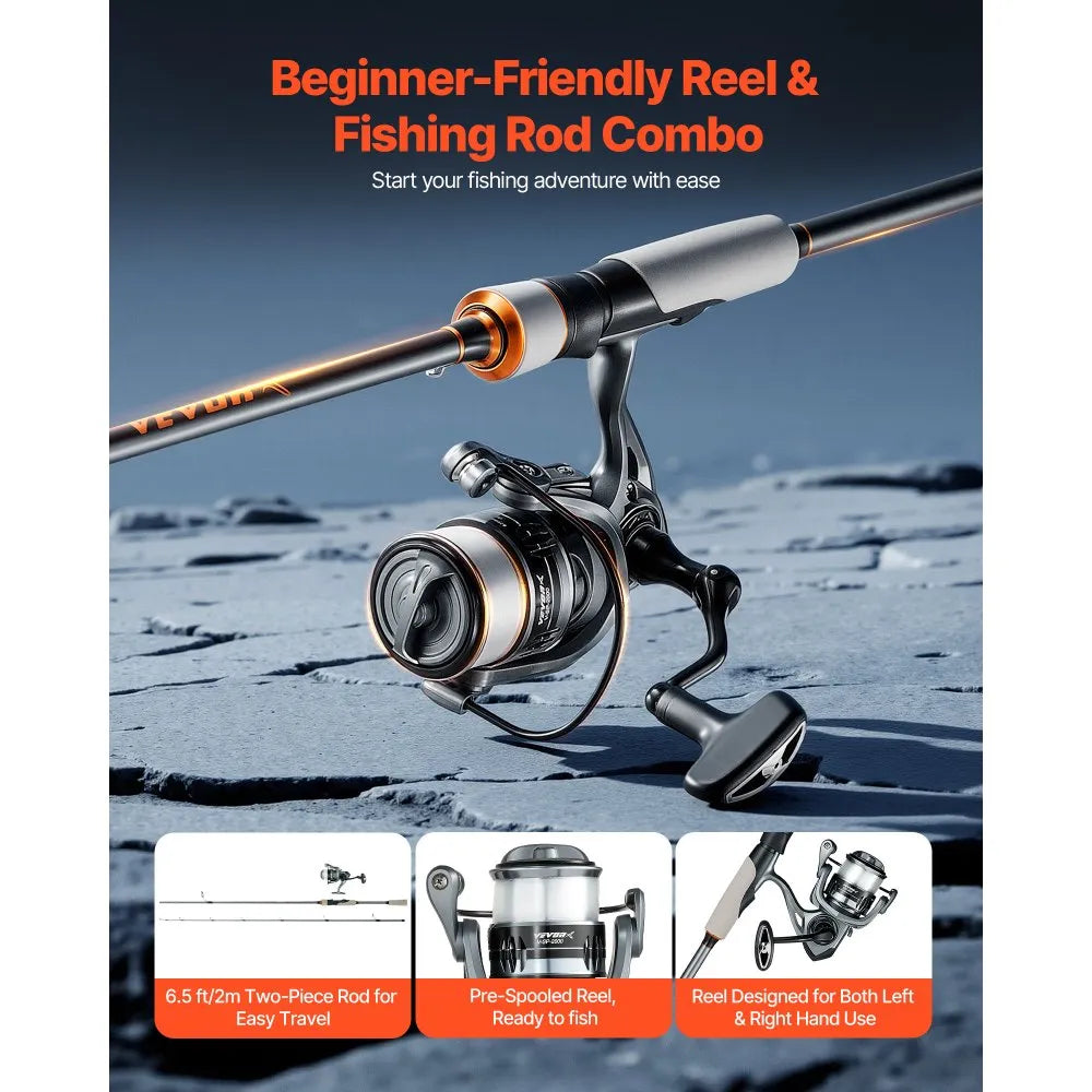 6.5 ft Spinning Rod and Reel Combo | IM6 Fiberglass & Carbon Fiber Fishing Pole with 2000 Reel, 6+1 Bearings