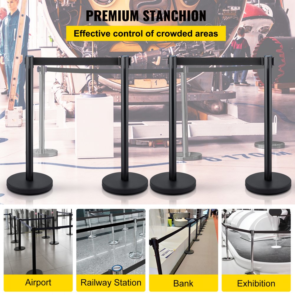 VEVOR Crowd Control Stanchion Stanchion Set 4 Pieces with 6.6 ft/2 m Black Belt 