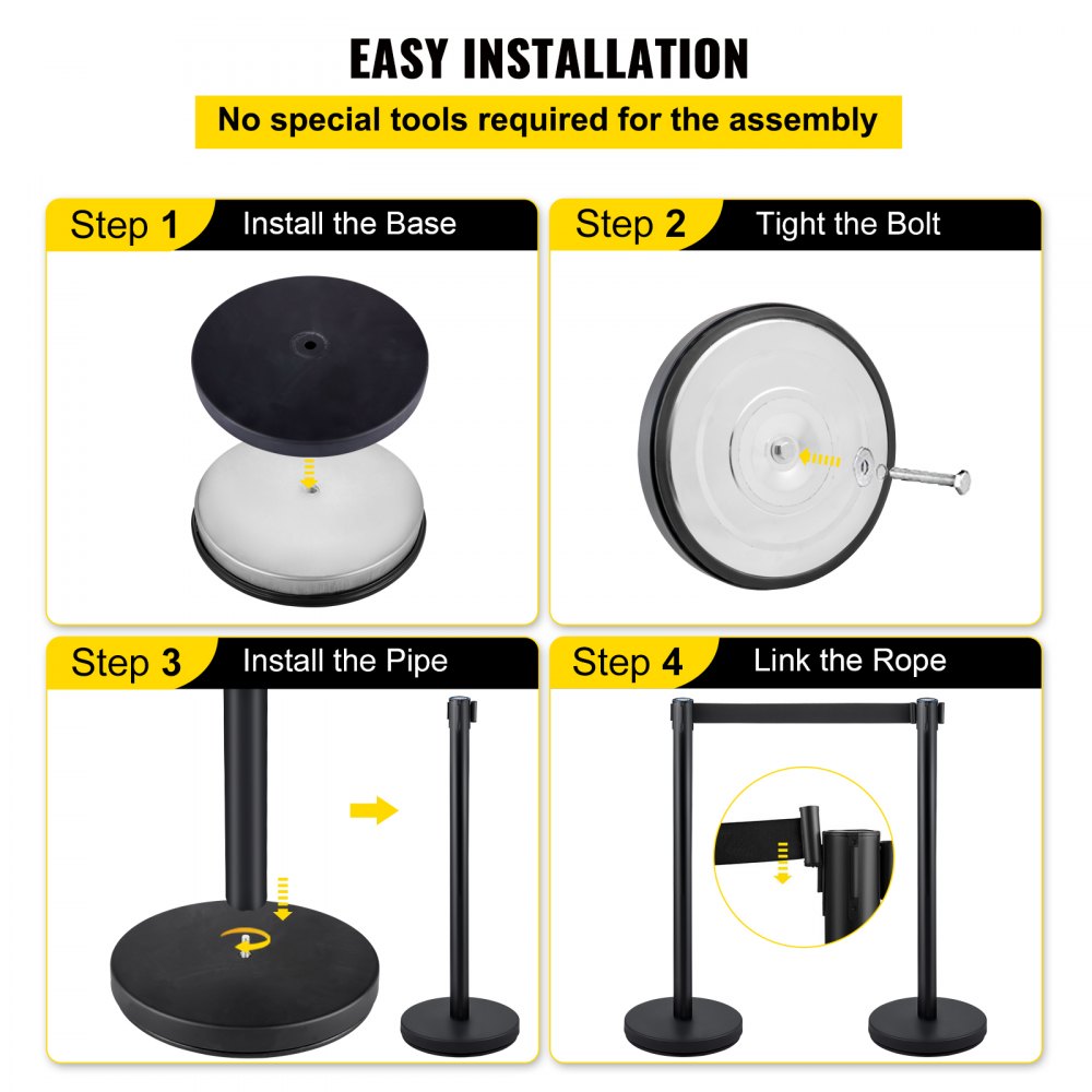 VEVOR Crowd Control Stanchion Stanchion Set 4 Pieces with 6.6 ft/2 m Black Belt 