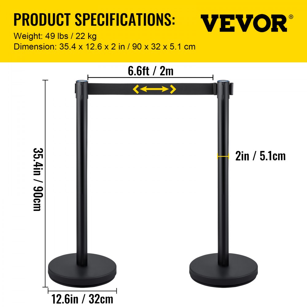 VEVOR Crowd Control Stanchion Stanchion Set 4 Pieces with 6.6 ft/2 m Black Belt 