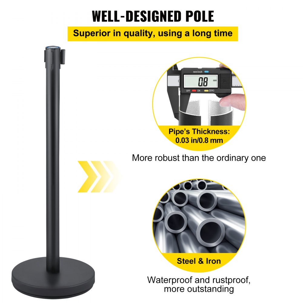 VEVOR Crowd Control Stanchion, Set of 6 Pieces Stanchion Set, Stanchion Set with 6.6 ft/2 m Black Retractable Belt, Black Crowd Control Barrier w/Concrete and Metal Base - Easy Connect Assembly 