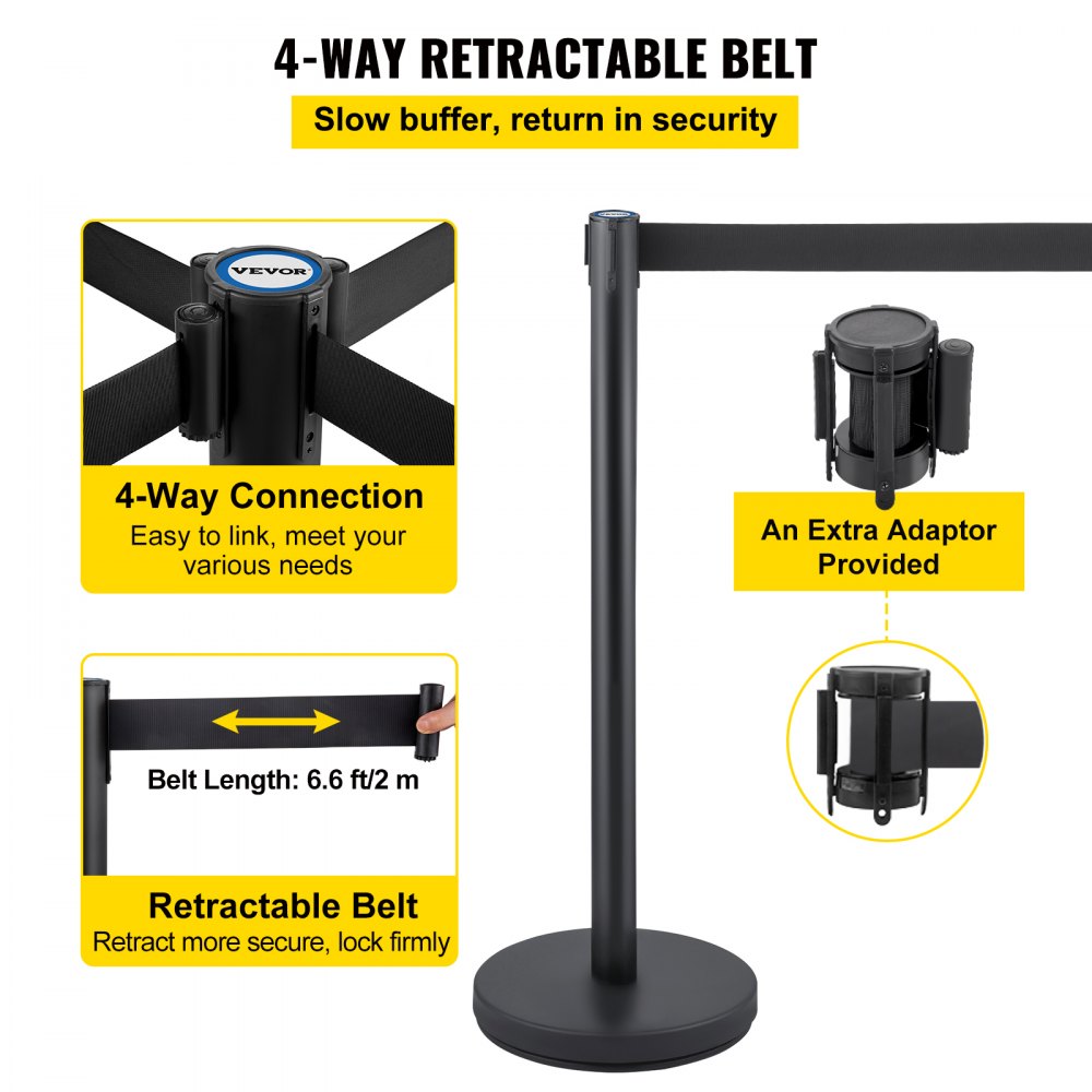 VEVOR Crowd Control Stanchion, Set of 6 Pieces Stanchion Set, Stanchion Set with 6.6 ft/2 m Black Retractable Belt, Black Crowd Control Barrier w/Concrete and Metal Base - Easy Connect Assembly 