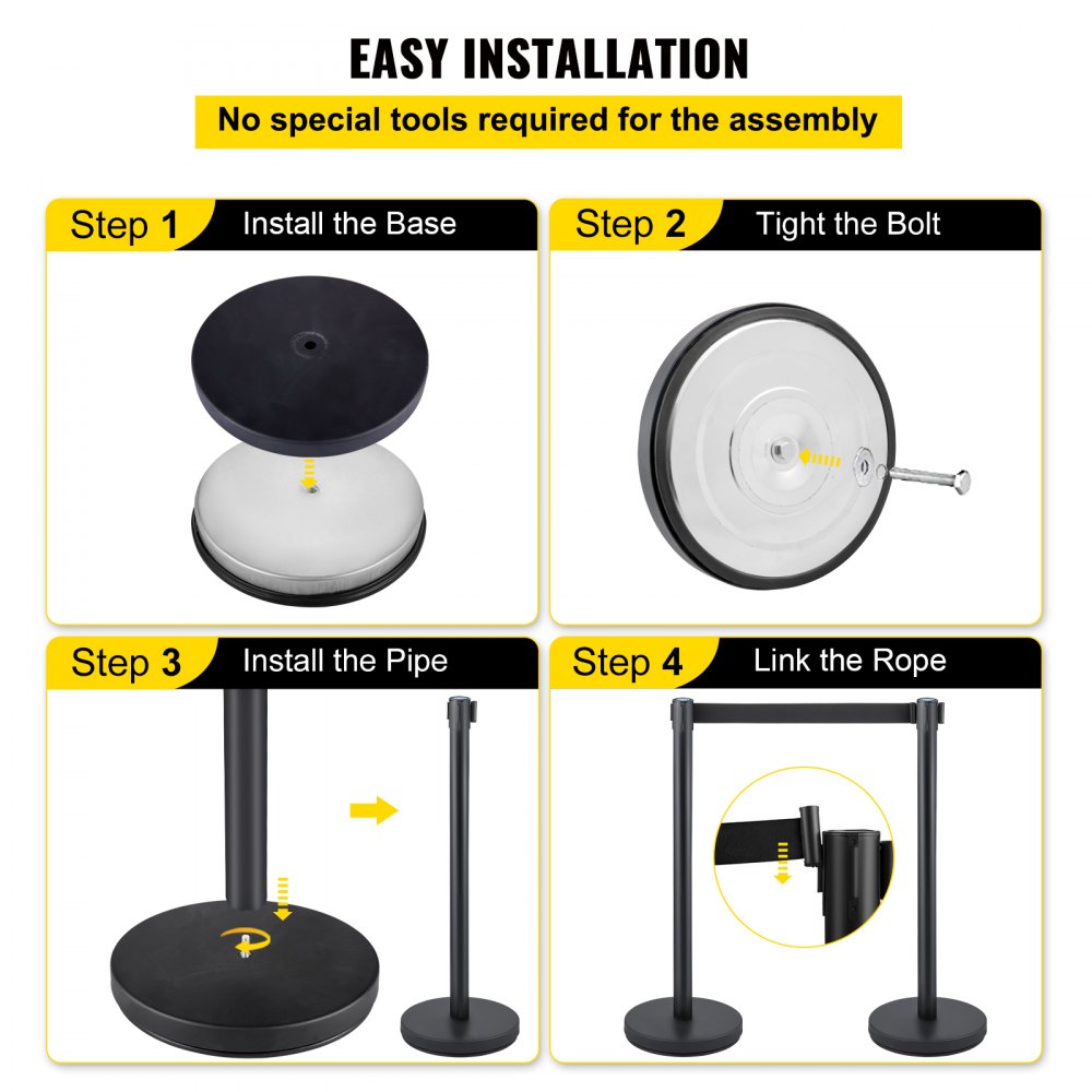 VEVOR Crowd Control Stanchion, Set of 6 Pieces Stanchion Set, Stanchion Set with 6.6 ft/2 m Black Retractable Belt, Black Crowd Control Barrier w/Concrete and Metal Base - Easy Connect Assembly 