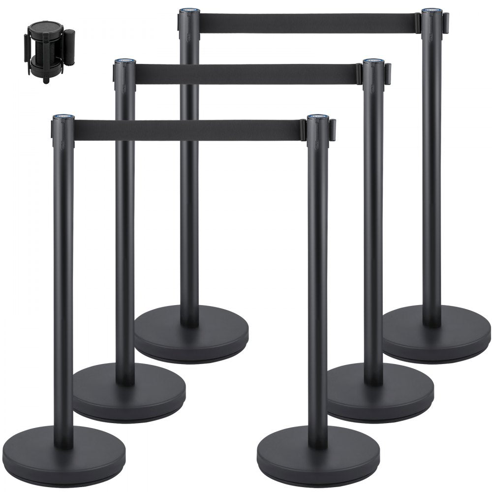 VEVOR Crowd Control Stanchion, Set of 6 Pieces Stanchion Set, Stanchion Set with 6.6 ft/2 m Black Retractable Belt, Black Crowd Control Barrier w/Concrete and Metal Base - Easy Connect Assembly 