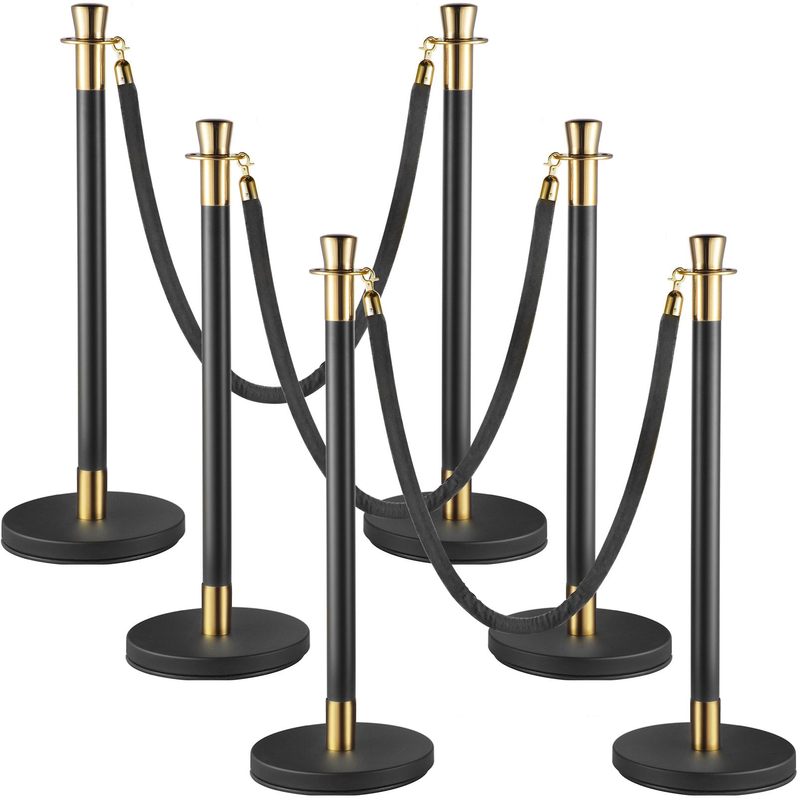 VEVOR Crowd Control Stanchion, Set of 6 Pieces Stanchion Set, Stanchion Set with 5 ft/1.5 m Black Velvet Rope, Black Crowd Control Barrier w/ Sturdy Concrete and Metal Base – Easy Connect Assembly 