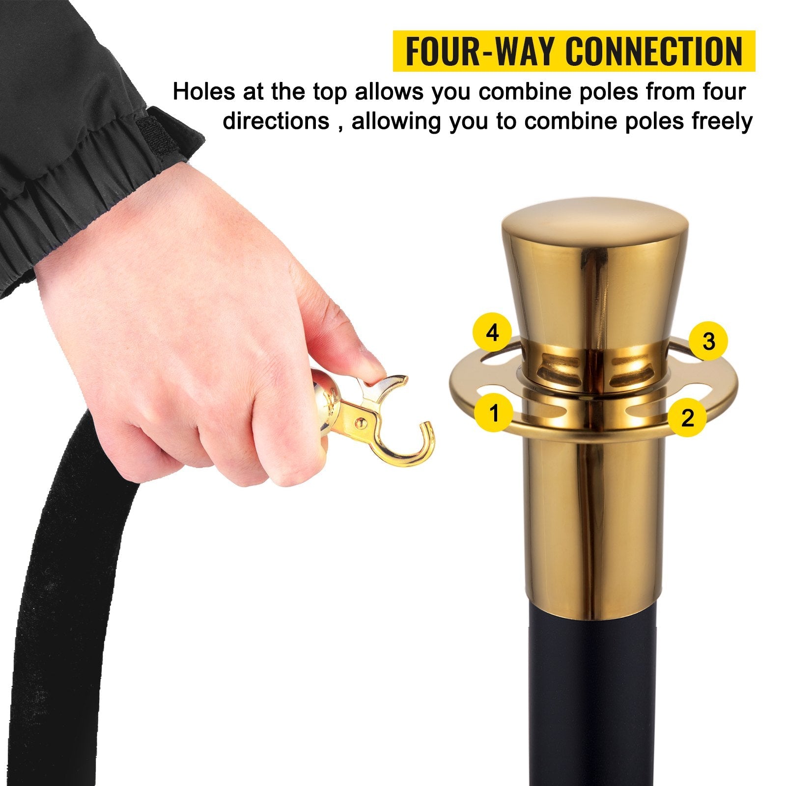VEVOR Crowd Control Stanchion, Set of 6 Pieces Stanchion Set, Stanchion Set with 5 ft/1.5 m Black Velvet Rope, Black Crowd Control Barrier w/ Sturdy Concrete and Metal Base – Easy Connect Assembly 