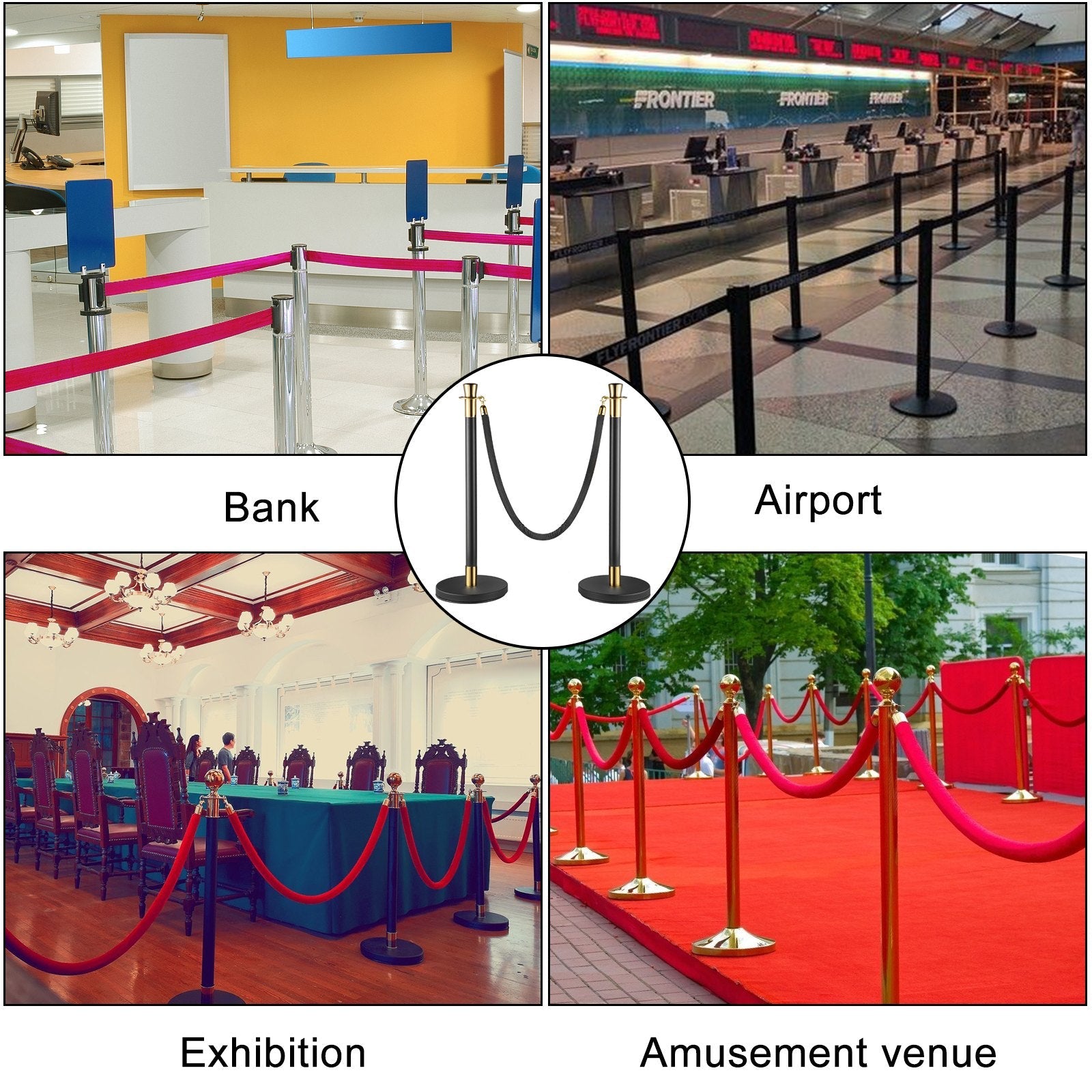 VEVOR Crowd Control Stanchion, Set of 6 Pieces Stanchion Set, Stanchion Set with 5 ft/1.5 m Black Velvet Rope, Black Crowd Control Barrier w/ Sturdy Concrete and Metal Base – Easy Connect Assembly 