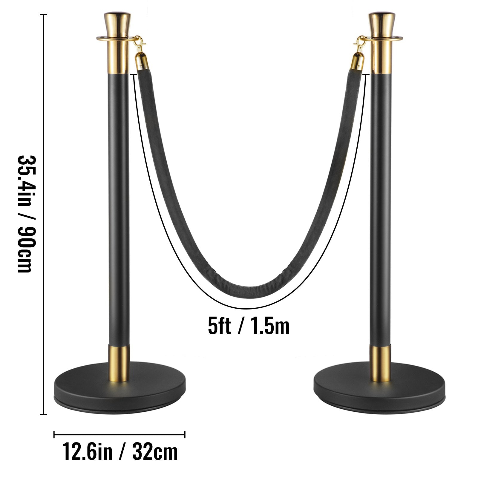 VEVOR Crowd Control Stanchion, Set of 6 Pieces Stanchion Set, Stanchion Set with 5 ft/1.5 m Black Velvet Rope, Black Crowd Control Barrier w/ Sturdy Concrete and Metal Base – Easy Connect Assembly 