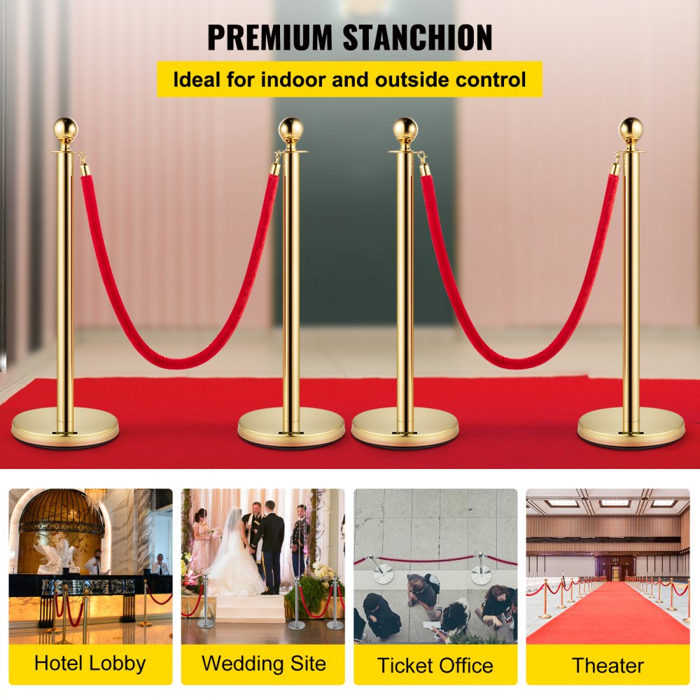VEVOR 38 Inch Stanchion Posts Queue, Red Velvet Rope (3, Gold) 