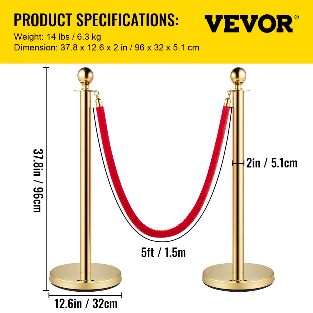 VEVOR 38 Inch Stanchion Posts Queue, Red Velvet Rope (3, Gold) 