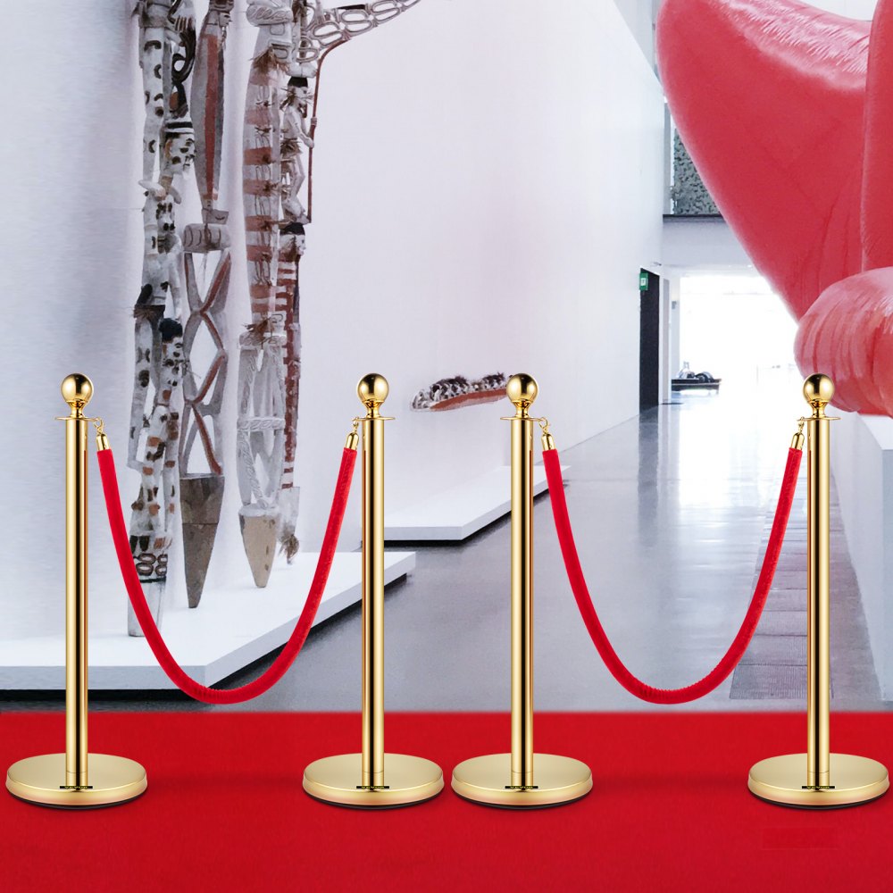 VEVOR 38 Inch Stanchion Posts Queue, Red Velvet Rope (3, Gold) 