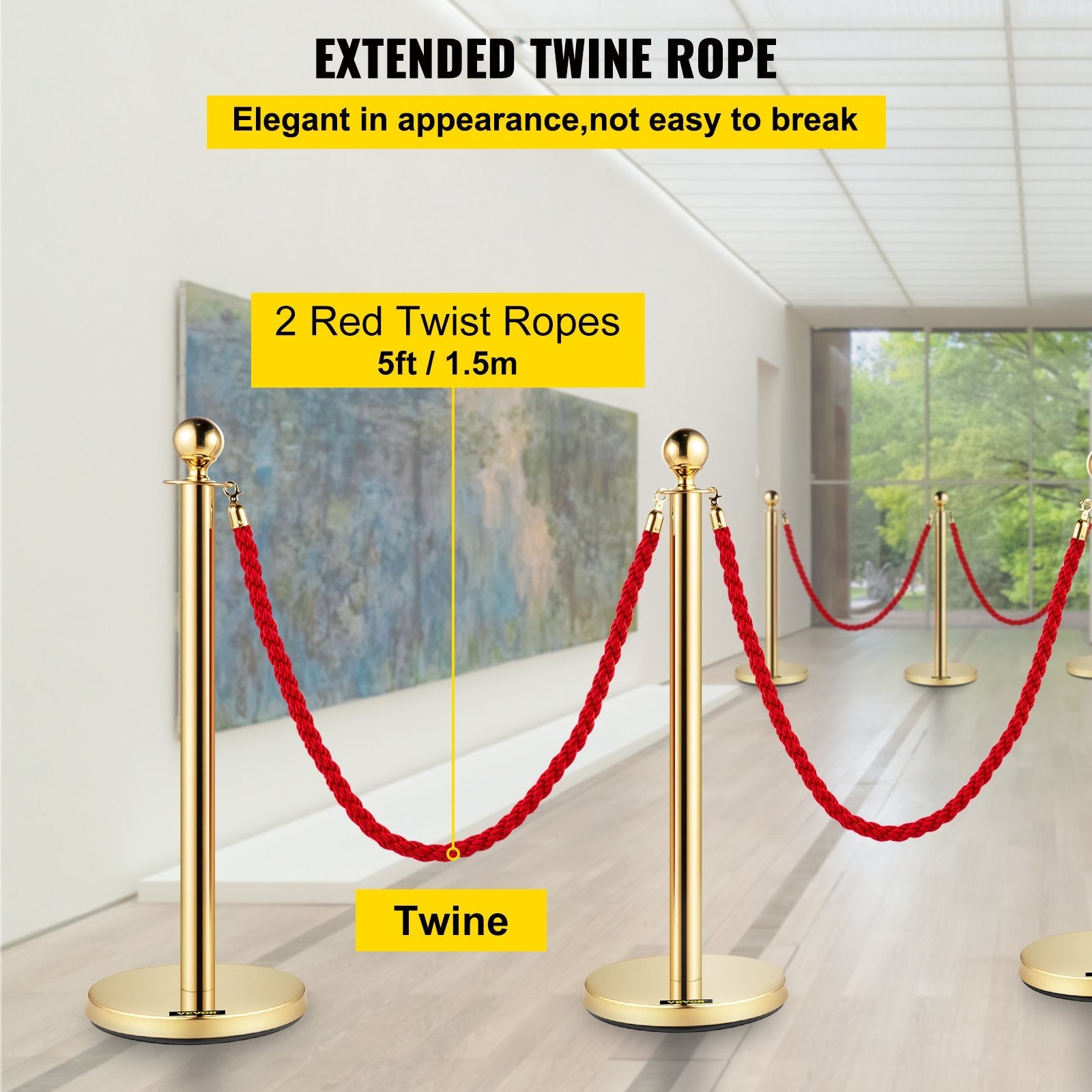 3pcs Red Twine Rope Stanchion Gold Post Crowd Control Queue Line Barrier 2 Lines 