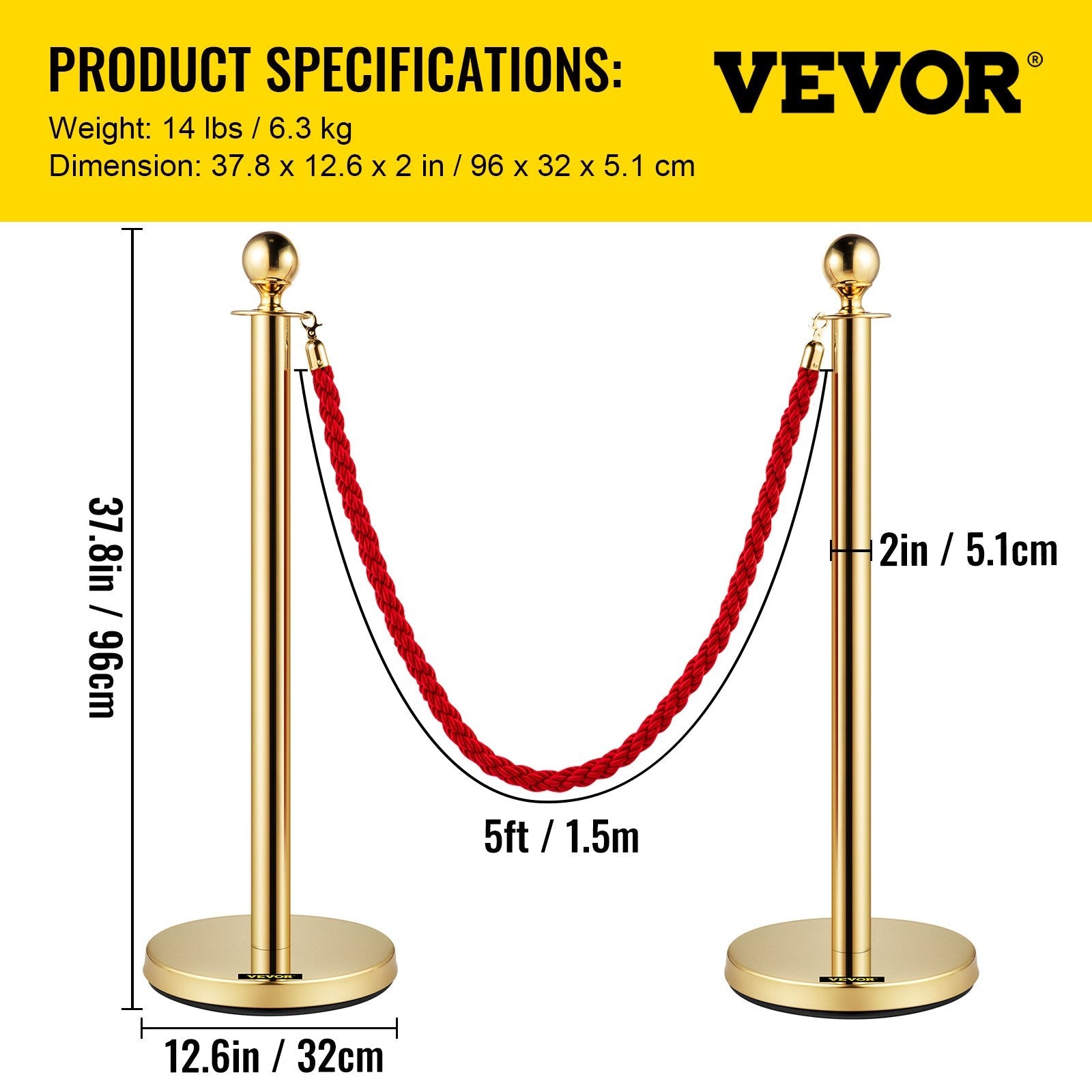 3pcs Red Twine Rope Stanchion Gold Post Crowd Control Queue Line Barrier 2 Lines 