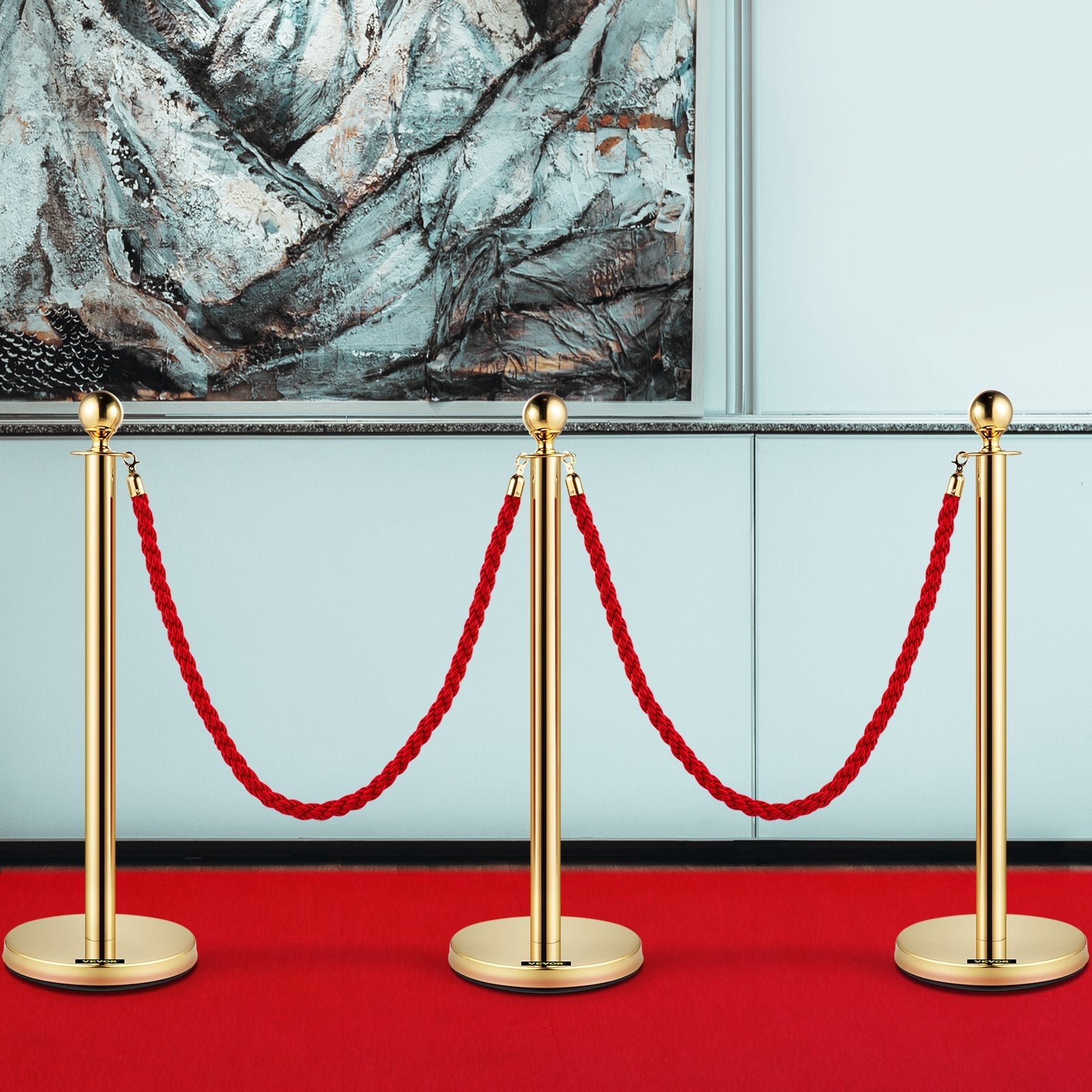 3pcs Red Twine Rope Stanchion Gold Post Crowd Control Queue Line Barrier 2 Lines 