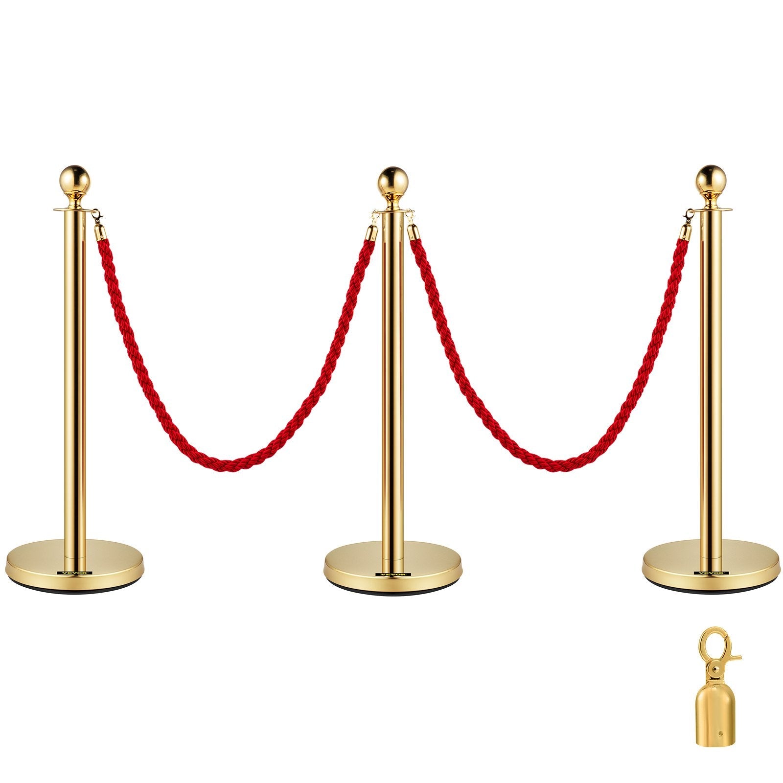 3pcs Red Twine Rope Stanchion Gold Post Crowd Control Queue Line Barrier 2 Lines 