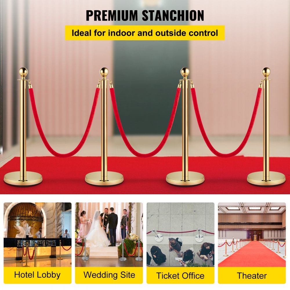 4pcs Red Velvet Rope Stanchion Gold Post Crowd Control Queue Line Barrier 3-rope 
