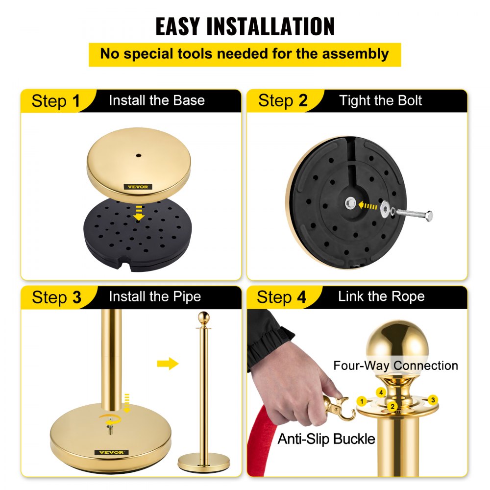 4pcs Red Velvet Rope Stanchion Gold Post Crowd Control Queue Line Barrier 3-rope 