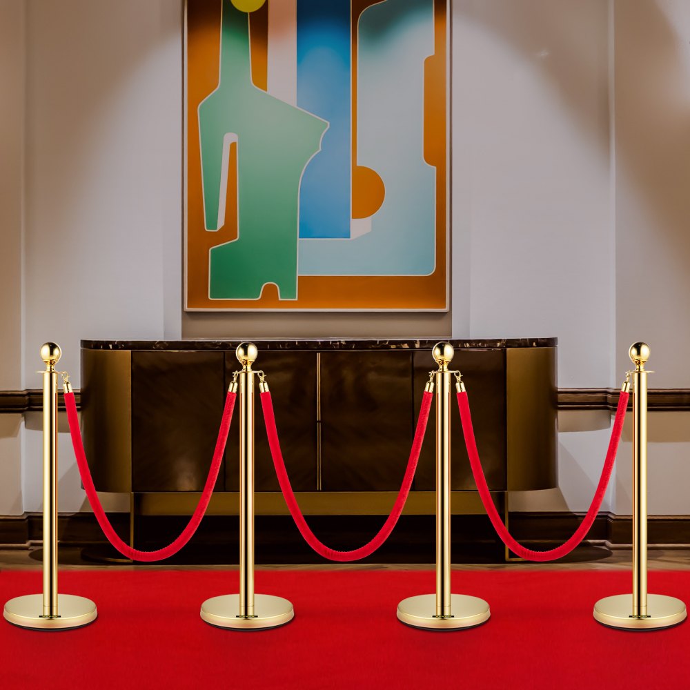 4pcs Red Velvet Rope Stanchion Gold Post Crowd Control Queue Line Barrier 3-rope 