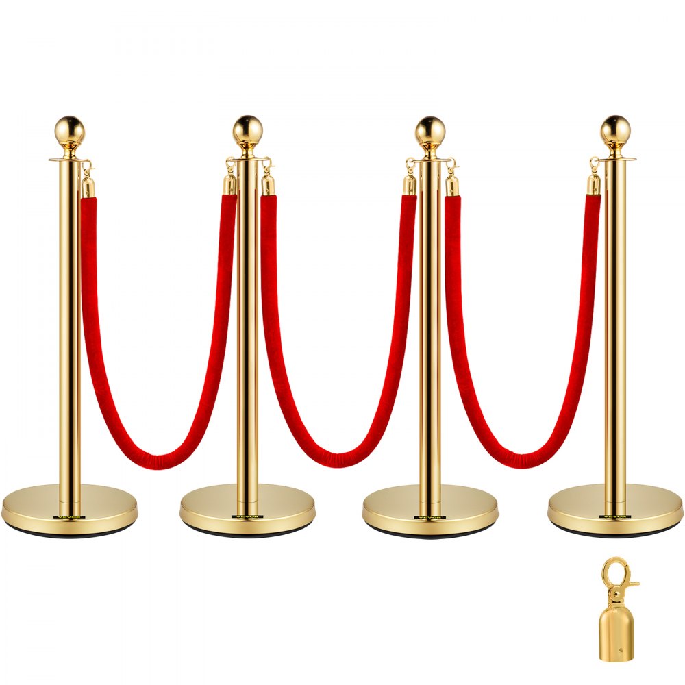 4pcs Red Velvet Rope Stanchion Gold Post Crowd Control Queue Line Barrier 3-rope 