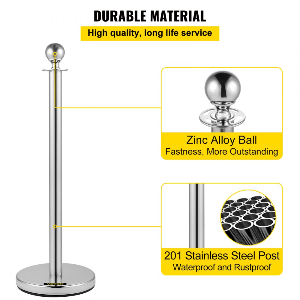 VEVOR 4PCS Stainless Steel Stanchion Posts Queue, Red Velvet Ropes Silver, 38In Rope Barriers Queue Line Crowd Control Barriers for Party Supplies 