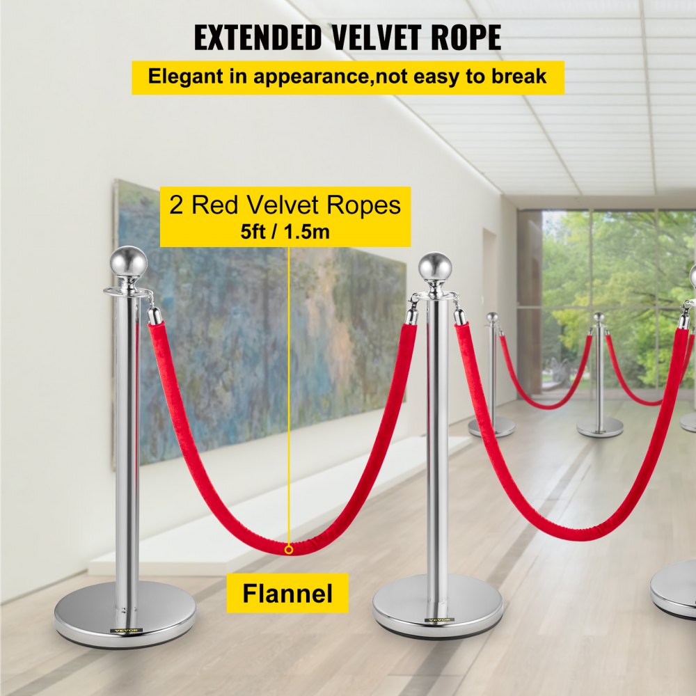 VEVOR 4PCS Stainless Steel Stanchion Posts Queue, Red Velvet Ropes Silver, 38In Rope Barriers Queue Line Crowd Control Barriers for Party Supplies 