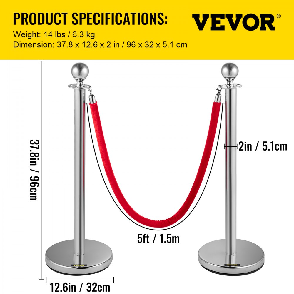 VEVOR 4PCS Stainless Steel Stanchion Posts Queue, Red Velvet Ropes Silver, 38In Rope Barriers Queue Line Crowd Control Barriers for Party Supplies 