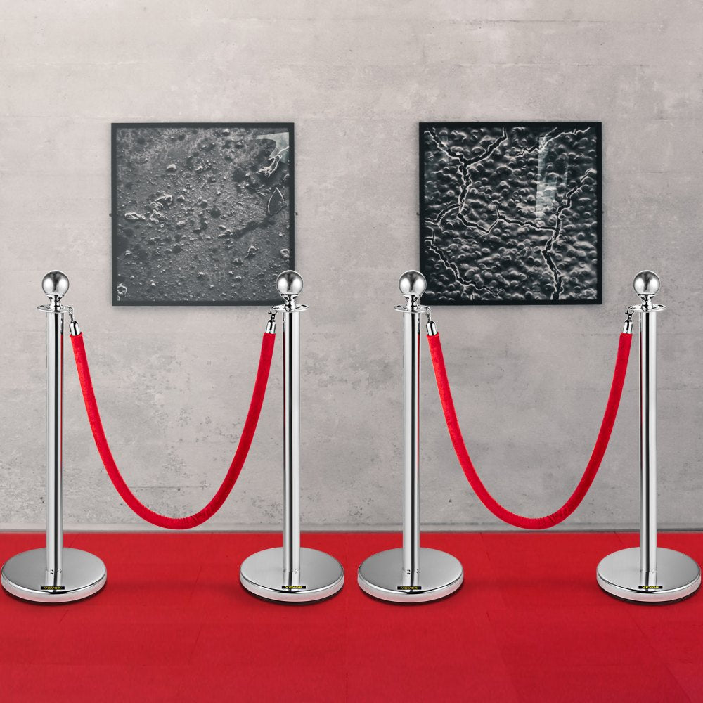VEVOR 4PCS Stainless Steel Stanchion Posts Queue, Red Velvet Ropes Silver, 38In Rope Barriers Queue Line Crowd Control Barriers for Party Supplies 
