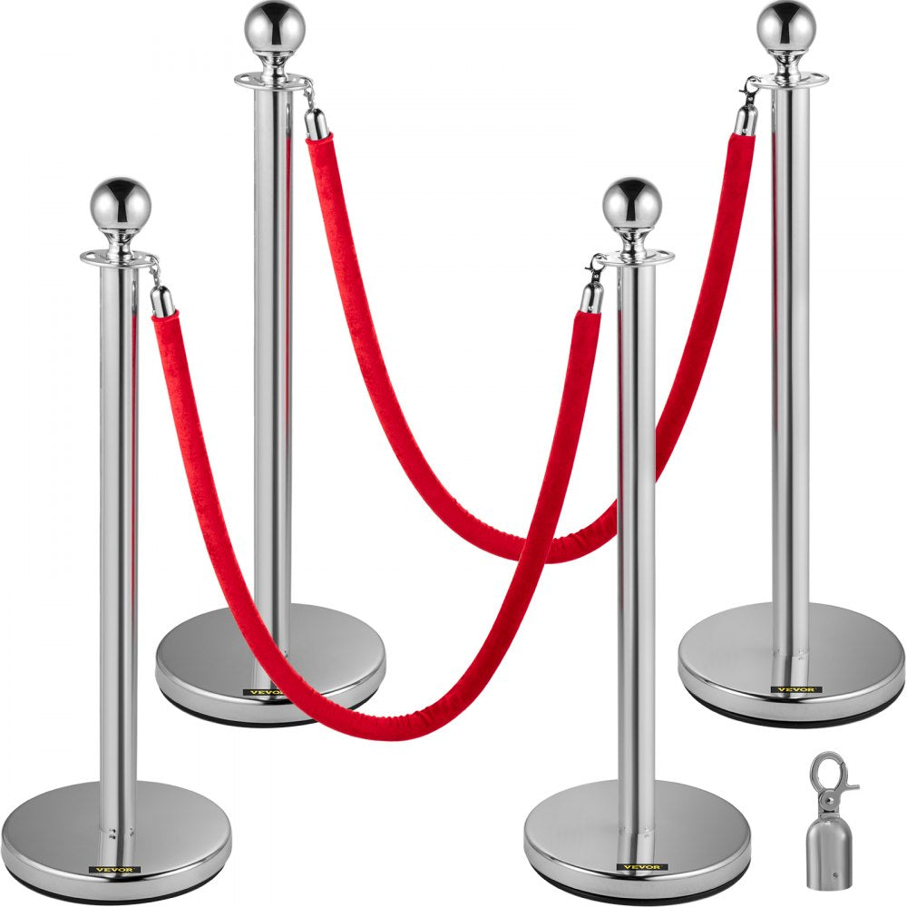 VEVOR 4PCS Stainless Steel Stanchion Posts Queue, Red Velvet Ropes Silver, 38In Rope Barriers Queue Line Crowd Control Barriers for Party Supplies 