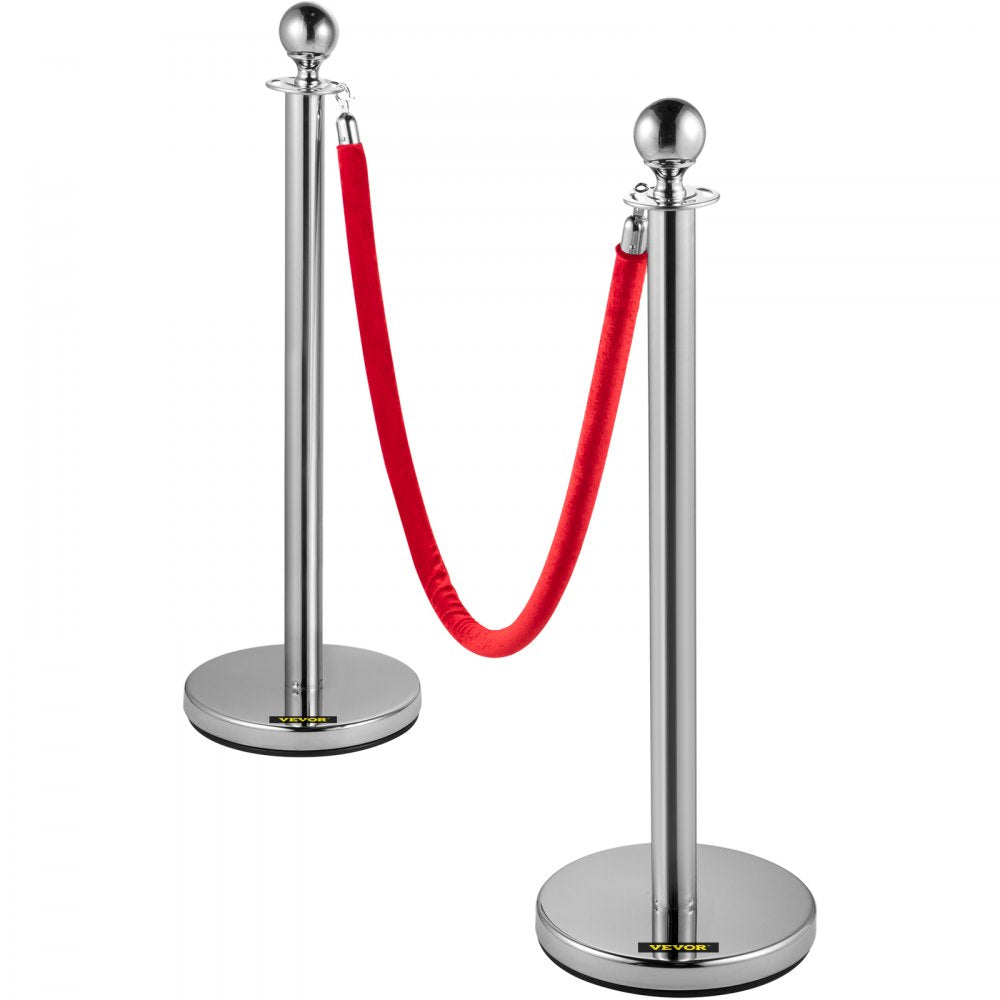 VEVOR 4PCS Stainless Steel Stanchion Posts Queue, Red Velvet Ropes Silver, 38In Rope Barriers Queue Line Crowd Control Barriers for Party Supplies 