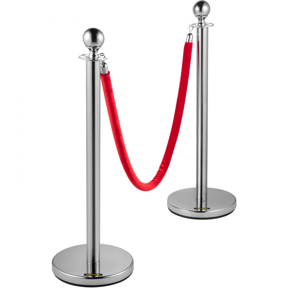 VEVOR 4PCS Stainless Steel Stanchion Posts Queue, Red Velvet Ropes Silver, 38In Rope Barriers Queue Line Crowd Control Barriers for Party Supplies 